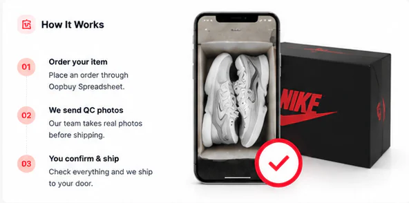 Illustration of reviewing a QC photo on a phone beside a shoe box